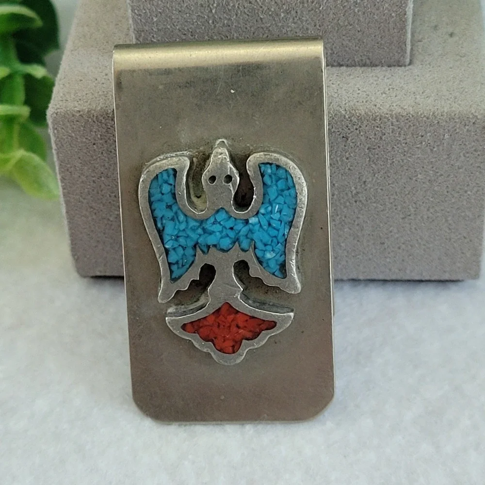 Nickel Silver Thunderbird Money Clip Turquoise Coral Chip Inlay Southwestern